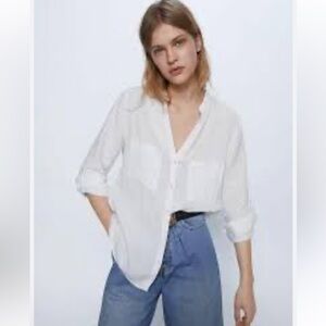 Zara women’s 100% white linen button front shirt Sz Small